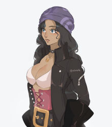 Rule 34 | 1girl, bandana, belt, black hair, blue eyes, bra, choker, coat, commentary, corset, eiriseth, eyelashes, from side, hands in pockets, highres, jewelry, long hair, looking to the side, necklace, nico robin, one piece, one piece film: red, pink corset, purple bandana, simple background, solo, underwear, upper body, white background