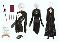 Rule 34 | 676643396dolce, bishounen, black gloves, blue eyes, bodysuit, book, bottle, candle, character sheet, chest jewel, cleavage cutout, clothing cutout, cross, cross necklace, earrings, eye symbol, eyeshadow, fate/apocrypha, fate/grand order, fate (series), gloves, highres, holy water, jewelry, karna (fate), makeup, male focus, multiple views, necklace, priest, red eyeshadow, single earring, sword, vasavi shakti (fate), weapon, white hair