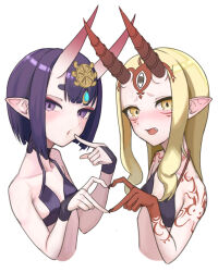 Rule 34 | 2girls, absurdres, bare shoulders, bikini, black bikini, blonde hair, blush, breasts, bridal gauntlets, collarbone, eyeliner, facial mark, fate/grand order, fate (series), forehead, forehead mark, gamangajo, hair pulled back, headpiece, heart, heart hands, highres, horns, ibaraki douji (fate), long hair, looking at viewer, makeup, multiple girls, oni, open mouth, pointy ears, purple eyes, purple hair, revealing clothes, short hair, shuten douji (fate), skin-covered horns, small breasts, swimsuit, tattoo, yellow eyes