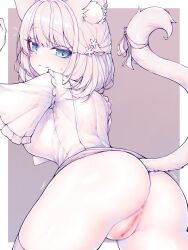 Rule 34 | 1girl, animal ears, anus, ass, blue eyes, blur censor, breasts, brown background, cat ears, cat girl, cat tail, censored, cleft of venus, closed mouth, from behind, gradient background, highres, indie virtual youtuber, kupa (jesterwii), medium breasts, mitsuki momo, pussy, short hair, solo, tail, two-tone background, virtual youtuber, white background