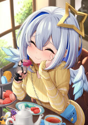 Rule 34 | 1girl, absurdres, alternate costume, amane kanata, angel wings, blue hair, blush, closed eyes, closed mouth, colored inner hair, commentary request, cup, eating, feathered wings, food, grey hair, hair between eyes, halo, hand on own cheek, hand on own face, highres, holding, holding food, hololive, indoors, kaigan, long sleeves, medium hair, mini wings, multicolored hair, pink hair, sidelocks, sleeves past wrists, smile, solo, sparkle, star halo, streaked hair, sweater, tea, teacup, teapot, virtual youtuber, virtual youtuber, white wings, wings, yellow sweater