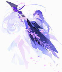 Rule 34 | 1girl, barefoot, black robe, closed mouth, dress, falling petals, highres, holding, holding staff, long hair, long sleeves, looking at viewer, mage staff, petals, purple eyes, purple hair, robe, solo, sousou no frieren, staff, very long hair, white dress, yu jiu