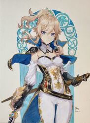 Rule 34 | 1girl, absurdres, artist name, black gloves, blonde hair, blue capelet, blue eyes, breasts, capelet, cleavage, closed mouth, colored pencil (medium), commentary, commentary request, dated, derivative work, detached sleeves, english commentary, floating hair, genshin impact, gloves, hair between eyes, highres, holding, holding sword, holding weapon, jean (genshin impact), korean commentary, long hair, looking at viewer, making-of available, medium breasts, mixed-language commentary, p.art, pants, partial commentary, ponytail, shirt, solo, strapless, strapless shirt, sword, traditional media, weapon, white pants, white shirt