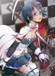Rule 34 | 10s, 1girl, armband, bad id, bad pixiv id, blue eyes, blue hair, cape, checkered background, collarbone, fortissimo, gloves, hair ornament, hairclip, highres, imoya (imoyat), magical girl, mahou shoujo madoka magica, mahou shoujo madoka magica (anime), mahou shoujo madoka magica movie 1 &amp; 2, matching hair/eyes, miki sayaka, multiple swords, musical note, musical note hair ornament, schenu, short hair, solo, sword, tears, thighhighs, weapon, zettai ryouiki