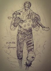 Rule 34 | 1boy, 1girl, age difference, artist request, brother and sister, charlotte flampe, charlotte katakuri, dated, long hair, monochrome, muscular, one piece, scar, short hair, siblings, smile, tattoo, traditional media, walking