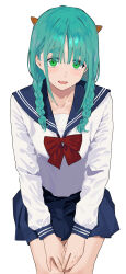 Rule 34 | 1girl, blue skirt, blush, braid, collarbone, demon horns, green eyes, green hair, highres, horns, invisible chair, long sleeves, looking at viewer, nahia (some1else45), original, own hands together, school uniform, serafuku, shirt, sidelocks, simple background, sitting, skirt, smile, solo, some1else45, thick eyebrows, twin braids, white background, white shirt