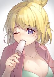 Rule 34 | 1girl, animal crossing, animal ears, bad id, bad pixiv id, blonde hair, blush, breasts, candy, commentary request, eating, food, holding, holding candy, holding food, in mouth, isabelle (animal crossing), jacket, large breasts, nintendo, okitanation, one eye closed, open mouth, pink jacket, popsicle, purple eyes, shirt, simple background, solo, teeth, upper teeth only, white background, white shirt