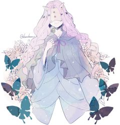 Rule 34 | 1girl, artist name, blue dress, bow, braid, bug, butterfly, cloak, closed mouth, commentary, demon, demon girl, dress, flower, hand on own chest, harowharow, hidden eyes, horned mask, horns, bug, mask, mouth mask, musica (yakusoku no neverland), pink hair, purple cloak, simple background, sketch, smile, solo, standing, twin braids, white background, wide sleeves, yakusoku no neverland