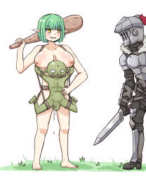 Rule 34 | armor, bdsm, belly riding, bondage, bound, breasts, clothed male nude female, club (weapon), cum, elf, femdom, gag, gagged, gagged male, gauntlets, goblin, goblin slayer, goblin slayer!, grass, greaves, greenteaneko, harness, helmet, highres, implied futanari, implied sex, large breasts, nude, penis, pointy ears, sword, testicles, weapon