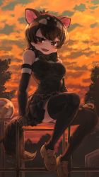Rule 34 | 1girl, absurdres, animal ears, backlighting, bare shoulders, black hair, bow, bowtie, breasts, brown eyes, cloud, colored inner hair, detached sleeves, evening, extra ears, fangs, full body, gloves, gradient sky, grey hair, half-closed eyes, hand rest, highres, kemono friends, looking at viewer, medium breasts, medium hair, melaton, miniskirt, multicolored hair, open mouth, orange sky, outdoors, pleated skirt, seductive smile, shirt, shoes, sitting, skirt, sky, sleeveless, smile, solo, sunset, tail, tasmanian devil (kemono friends), tasmanian devil ears, tasmanian devil tail, taut clothes, taut shirt, thighhighs, two-tone hair, v-shaped eyebrows, zettai ryouiki