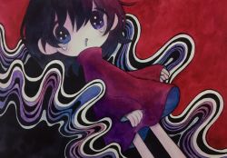 1girl, abstract background, black hair, blue eyes, drooling, feet out of frame, hair between eyes, highres, long sleeves, looking at viewer, original, red shirt, saliva, shirt, short hair, solo, tears, zukky000