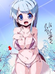 Rule 34 | 10s, 1girl, :d, arrow (symbol), bikini, blue eyes, blue hair, blush, breasts, cleavage, covered erect nipples, kantai collection, large breasts, leaning forward, long hair, looking at viewer, matching hair/eyes, miuku (marine sapphire), navel, open mouth, pink bikini, samidare (kancolle), side-tie bikini bottom, smile, solo, standing, swimsuit