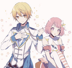 Rule 34 | 1boy, 1girl, blonde hair, clenched hand, closed mouth, collared shirt, detached sleeves, gradient hair, hair between eyes, hair ornament, hand on own chest, knees up, long sleeves, multicolored hair, neck ruff, ootori emu, open mouth, orange eyes, orange hair, pink eyes, pink hair, project sekai, qi7pi, shirt, short hair, simple background, smile, star (symbol), striped clothes, striped thighhighs, tenma tsukasa, thighhighs, white thighhighs