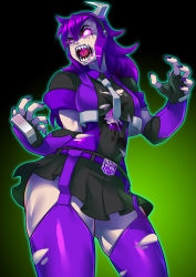 Rule 34 | 1girl, @ @, absurdres, belt buckle, breasts, buckle, clenched hands, cliffjumper, colored sclera, contrapposto, corruption, crazy eyes, cropped jacket, dark persona, decepticon, elbow gloves, fake horns, fingerless gloves, garter straps, genderswap, genderswap (mtf), gloves, highres, horns, insignia, large breasts, nail polish, no bra, open mouth, pink sclera, purple hair, purple nails, purple thighhighs, roaring, ryuusei (mark ii), sharp teeth, skin tight, solo, standing, teeth, thick eyebrows, thick thighs, thighhighs, thighs, torn clothes, transformers, transformers prime