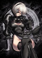 Rule 34 | 1girl, 2b (nier:automata), black background, black dress, black gloves, black hairband, black thighhighs, blindfold, blindfold lift, blue eyes, breasts, cleavage, cleavage cutout, clothing cutout, commentary, commentary request, dress, eyelashes, gloves, hairband, highres, invisible chair, large breasts, leotard, looking at viewer, mixed-language commentary, mole, mole under mouth, nier:automata, nier (series), parted lips, puffy sleeves, short hair, sitting, smile, solo, temoc, thighhighs, two-tone gloves, white gloves, white hair, white leotard