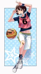 Rule 34 | 1girl, arms up, ball, bandaid, bandaid on face, bandaid on knee, bandaid on leg, basketball, basketball (object), basketball uniform, blush, border, brown hair, character request, clothes writing, copyright request, double v, full body, highres, jorori, looking at viewer, mouth hold, navel, polka dot, polka dot background, red eyes, shoes, short sleeves, shorts, sneakers, solo, sportswear, stomach, sweatband, v, white border, white footwear, white shorts
