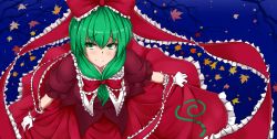 1girl, bangs, breasts, closed mouth, dress, eyebrows visible through hair, frilled shirt collar, frills, from above, front ponytail, frown, furrowed eyebrows, green eyes, green hair, hair between eyes, hair ribbon, highres, holding, holding clothes, holding skirt, kagiyama hina, leaf, long hair, looking at viewer, maple leaf, medium breasts, night, night sky, pan-ooh, puffy short sleeves, puffy sleeves, red dress, red ribbon, reflection, ribbon, short sleeves, skirt, sky, solo, standing, touhou, tree, water