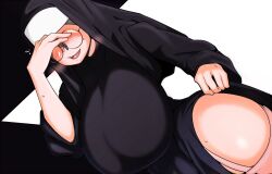 Rule 34 | 1girl, black dress, blush, breasts, coco, dress, embarrassed, faceless, faceless female, female focus, glasses, habit, hip vent, huge breasts, lying, nun, original, shiny skin, smile, solo, sweatdrop, thick thighs, thighs, white background