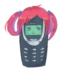 Rule 34 | 1girl, blue eyes, cellphone, digimon, digimon story: cyber sleuth, facing viewer, looking at viewer, lowres, meme, name connection, nokia (company), nokia 3310, objectification, phone, pink hair, pun, shiramine nokia, smile, solo, transparent background, twintails, what