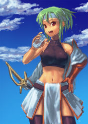 Rule 34 | 1girl, abs, bare shoulders, black thighhighs, blue sky, brown gloves, cloud, cuboon, cup, day, drink, drinking glass, gloves, green hair, hand on own hip, headband, holding, holding drink, looking at viewer, midriff, open mouth, original, red eyes, short hair, sky, solo, sweat, sword, tan, thighhighs, undressing, weapon