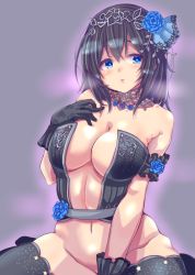 Rule 34 | 10s, 1girl, arm garter, black gloves, black hair, black thighhighs, blue eyes, blue flower, blue rose, blush, breasts, cleavage, flower, gloves, hair flower, hair ornament, hairband, idolmaster, idolmaster cinderella girls, idolmaster cinderella girls starlight stage, jewelry, kokechan, large breasts, long hair, navel, necklace, open mouth, rose, sagisawa fumika, simple background, solo, thighhighs