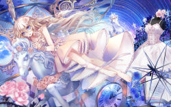 Rule 34 | 1girl, ahoge, barefoot, blue eyes, blue flower, blue rose, book, bow, braid, carousel, choker, clock, dress, feathered wings, flower, hair flower, hair ornament, highres, horseback riding, ia (vocaloid), lace, long hair, mannequin, night, night sky, open book, ribbon, riding, rose, round window, sky, solo, spinel (9057), star (sky), striped, transparent, transparent umbrella, umbrella, unicorn, very long hair, vocaloid, white dress, white hair, white wings, window, wings