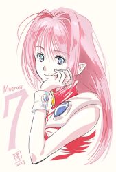 Rule 34 | 1girl, blue eyes, copyright name, dated, hand on own chin, long hair, looking at viewer, macross, macross 7, marufuji hirotaka, mylene jenius, parted lips, pink hair, simple background, sleeveless, solo, upper body, white background, white wristband