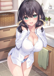 Rule 34 | 1girl, bathroom, blush, breasts, brown hair, buttons, cleavage, collarbone, commentary request, cowboy shot, green eyes, hair between eyes, hand in own hair, hanging, highres, large breasts, long hair, looking at viewer, midriff peek, mirror, navel, open collar, open mouth, original, panties, plant, reflection, scrunchie, sena chifuyu, shelf, shirt, sink, smile, soap bottle, solo, thighs, tile floor, tiles, towel, towel rack, twintails, unbuttoned, underwear, white panties, white shirt