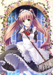 Rule 34 | 1girl, :d, arch, broom, brown hair, green eyes, holding, long hair, long sleeves, maid, maid headdress, miyase mahiro, mop, open mouth, original, plant, sidelocks, smile, thighhighs, twintails, vines, white thighhighs, window, zettai ryouiki