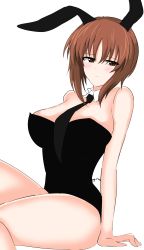 Rule 34 | 1girl, absurdres, aikir (jml5160), animal ears, bare legs, black leotard, black necktie, blush, breasts, brown eyes, brown hair, closed mouth, commentary, detached collar, fake animal ears, fake tail, girls und panzer, half-closed eyes, highres, knee up, large breasts, leotard, light frown, looking at viewer, necktie, nishizumi miho, playboy bunny, rabbit ears, rabbit tail, short hair, simple background, sitting, solo, strapless, strapless leotard, tail, white background