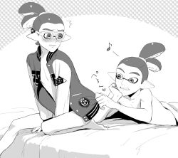 Rule 34 | 2boys, bed, bottomless, clothes lift, daichi midori, glasses, inkling player character, male focus, monochrome, multiple boys, nintendo, shirt lift, smile, splatoon (series), undressing, white background, yaoi
