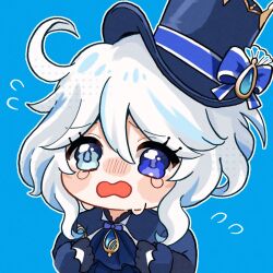 Rule 34 | 1girl, ahoge, ascot, blue ascot, blue background, blue bow, blue eyes, blue gemstone, blue gloves, blue hair, blue hat, blue jacket, blush, bow, brooch, chibi, commentary request, crying, crying with eyes open, drop-shaped pupils, eyelashes, flying sweatdrops, furina (genshin impact), gem, genshin impact, gloves, hair between eyes, half gloves, hands up, hat, hat bow, heterochromia, highres, jacket, jewelry, kogamo (user vajm2737), long sleeves, looking at viewer, mismatched pupils, multicolored hair, open mouth, outline, parted bangs, raised eyebrows, short hair, sidelocks, simple background, solo, streaked hair, swept bangs, symbol-shaped pupils, tears, tilted headwear, top hat, upper body, wavy eyes, wavy mouth, white hair, white outline