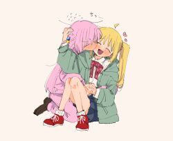 Rule 34 | 2girls, ahoge, blonde hair, blue skirt, blush, bocchi the rock!, bow, bowtie, brown footwear, closed eyes, collared shirt, commentary, cube hair ornament, d3g takahashi, detached ahoge, dress shirt, gotoh hitori, green jacket, hair ornament, hand on another&#039;s head, heart, holding hands, hood, hooded jacket, ijichi nijika, interlocked fingers, jacket, kiss, kissing cheek, kneeling, long hair, long sleeves, multiple girls, one side up, open clothes, open jacket, open mouth, pants, pink hair, pink jacket, pink pants, pink track suit, pleated skirt, red bow, red bowtie, red footwear, school uniform, shirt, side ponytail, simple background, sitting, skirt, white background, white shirt, yuri