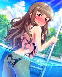 Rule 34 | 10s, 1girl, ass, blunt bangs, blush, breast hold, breasts, brown hair, day, derivative work, dissolving clothes, eyebrows, fence, frown, highres, idolmaster, idolmaster cinderella girls, kamiya nao, long hair, one-piece swimsuit, partially submerged, pool, pool ladder, ray-k, red eyes, solo, swimsuit, third-party edit, torn clothes