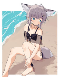 Rule 34 | 1girl, ahoge, animal ears, arknights, beach, bikini, black bikini, blue eyes, blush, border, coldcat., commentary, flat chest, foot out of frame, fox ears, fox tail, hair ornament, hairclip, highres, knee up, looking to the side, material growth, official alternate costume, oripathy lesion (arknights), outside border, sand, see-through, short hair, short twintails, sitting, solo, sussurro (arknights), sussurro (summer flower) (arknights), swimsuit, tail, twintails, water, white border