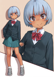 Rule 34 | 1girl, arm at side, black jacket, blunt bangs, bow, bowtie, brown eyes, commentary request, dark-skinned female, dark skin, fang, full body, green skirt, grey hair, hand on own hip, head tilt, highres, jacket, kakinomai, looking at viewer, original, red bow, red bowtie, shirt, short hair, simple background, skin fang, skirt, smile, solo, white shirt, wing collar, zoom layer