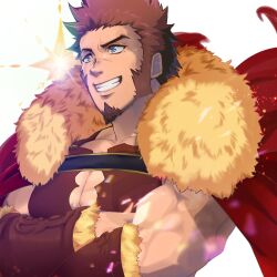 Rule 34 | 1boy, alternate costume, armor, bara, blue eyes, borrowed clothes, bracer, breastplate, brown hair, cape, clothing cutout, cosplay, cross scar, crossed arms, facial hair, fate/grand order, fate (series), floating cape, front slit, fur-trimmed cape, fur trim, gatta (gatta reve cat), goatee, grin, iskandar (fate), iskandar (fate) (cosplay), large pectorals, leather, long sideburns, looking to the side, male focus, mature male, muscular, muscular male, napoleon bonaparte (fate), pectoral cleavage, pectorals, red cape, revision, scar, scar on chest, short hair, sideburns, smile, solo, sparkle, upper body