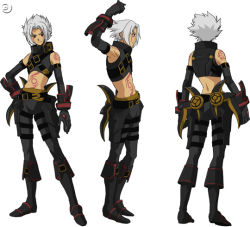 Rule 34 | .hack//, .hack//g.u., .hack//roots, 00s, 1boy, armpits, bandai, belt, black gloves, boots, character sheet, cyber connect 2, elbow gloves, gloves, hack, hand on own hip, haseo, haseo (.hack//), hip focus, male focus, midriff, multiple views, silver hair, tattoo, thigh strap, turnaround, watermark