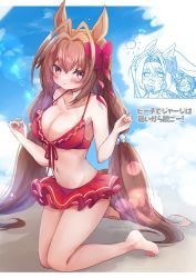Rule 34 | 2girls, animal ears, antenna hair, bare shoulders, bikini, bikini day, bikini skirt, blush, bow, breasts, brown hair, chibi, chibi inset, cleavage, closed mouth, collarbone, daiwa scarlet (trifle vacation) (umamusume), daiwa scarlet (umamusume), frilled bikini, frills, full body, groin, hair bobbles, hair bow, hair ornament, highres, horse ears, horse girl, horse tail, kneeling, large breasts, lens flare, long hair, multiple girls, navel, outdoors, red bikini, red eyes, sand, solo focus, special week (hopping vitamin heart) (umamusume), special week (umamusume), swimsuit, tail, touko 56, translation request, twintails, umamusume
