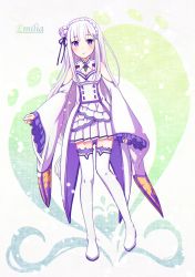 Rule 34 | 10s, 1girl, absurdres, blue moment, blush, boots, breasts, character name, choker, cleavage, detached sleeves, emilia (re:zero), flower, full body, hair flower, hair ornament, hair ribbon, highres, long hair, looking at viewer, miniskirt, pleated skirt, purple eyes, purple ribbon, re:zero kara hajimeru isekai seikatsu, ribbon, silver hair, skirt, small breasts, smile, solo, thigh boots, thighhighs, very long hair, white flower, white footwear, white skirt, zettai ryouiki