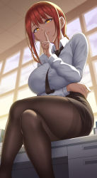Rule 34 | 1girl, arm under breasts, black necktie, black pantyhose, black skirt, braid, braided ponytail, breasts, chainsaw man, closed mouth, collared shirt, crossed legs, desk, feet out of frame, finger to mouth, from below, highres, large breasts, lazy eye, long hair, looking at viewer, looking down, makima (chainsaw man), necktie, office lady, on desk, pantyhose, pencil skirt, red hair, ringed eyes, shirt, shushing, sidelocks, sitting, skirt, solo, symbol-shaped pupils, thighband pantyhose, white shirt, window, yasojima nejiro, yellow eyes