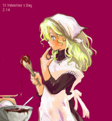 Rule 34 | 1990s (style), 1girl, apron, blonde hair, blue eyes, chocolate, cooking, female focus, final fantasy, final fantasy iv, finger in own mouth, head scarf, lowres, oekaki, profile, retro artstyle, rosa farrell, simple background, solo, valentine