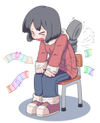 Rule 34 | &gt; &lt;, 1girl, black hair, blue pants, chair, coat, hexaa, highres, hood, hood down, hooded coat, long sleeves, musical note, nichijou, open mouth, pants, red coat, red footwear, resolution mismatch, shinonome nano, shoes, short hair, sitting, solo, source smaller, winding key