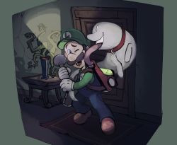 Rule 34 | 1boy, blue eyes, border, brown hair, collar, dog, door, facial hair, flashlight, ghost, gloves, green border, green hat, hat, indoors, licking, licking another&#039;s face, luigi, luigi&#039;s mansion, luigi&#039;s mansion 3, mario (series), mustache, nintendo, open mouth, overalls, plant, poltergeist, poltergust g-00, polterpup, potted plant, rinabe (@rfufvas3phbxkxa), smile, table, tongue, tongue out, vacuum cleaner, vines