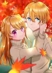 Rule 34 | 1boy, 1girl, absurdres, autumn leaves, blonde hair, blue eyes, blush, brother and sister, commentary request, hand on another&#039;s ear, highres, hoshino aquamarine, hoshino ruby, konatsu miki, leaf, long hair, looking at viewer, maple leaf, oshi no ko, profile, purple eyes, short hair, siblings, smile, twins, upper body