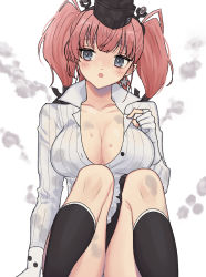 Rule 34 | 1girl, atlanta (kancolle), black skirt, black socks, breasts, brown hair, commentary request, dress shirt, gloves, grey eyes, high-waist skirt, kantai collection, large breasts, long hair, long sleeves, looking to the side, open clothes, open shirt, partially fingerless gloves, shirt, simple background, sitting, skirt, socks, solo, torn clothes, two side up, waco, white background, white gloves, white shirt