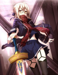 Rule 34 | 1girl, ahoge, artoria pendragon (all), artoria pendragon (fate), black-framed eyewear, black thighhighs, blue ribbon, blue skirt, braid, city, coat, covered mouth, crop top, crop top overhang, duffel coat, dutch angle, excalibur (fate/stay night), expressionless, fate/grand order, fate (series), french braid, fringe trim, garter straps, glasses, hair between eyes, hair ribbon, highres, holding, holding sword, holding weapon, looking at viewer, mysterious heroine x alter (fate), mysterious heroine x alter (first ascension) (fate), navel, outdoors, plaid, plaid scarf, pleated skirt, red scarf, ribbon, saber (fate), scarf, semi-rimless eyewear, shigure s, short hair with long locks, sidelocks, skirt, solo, sword, thighhighs, under-rim eyewear, weapon