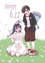Rule 34 | 1boy, 1girl, anniversary, arm behind back, blue hair, blush, boku no kokoro no yabai yatsu, bouquet, braid, breasts, brown shorts, collarbone, commentary, dark blue hair, dated, dress, falling leaves, flower, frilled dress, frills, full body, grass, hair over one eye, head wreath, hetero, highres, holding, holding bouquet, holding flower, ichikawa kyoutarou, kneeling, leaf, looking at another, medium breasts, off-shoulder dress, off shoulder, official art, rose, sakurai norio, short hair, shorts, smile, twin braids, white dress, white flower, white rose, yamada anna