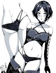 Rule 34 | 1girl, ass, bare shoulders, blush, bra, butt crack, crescent, crescent earrings, criss-cross halter, earrings, elbow gloves, gloves, greyscale, hagane soushi, halterneck, hayami kanade, highres, idolmaster, idolmaster cinderella girls, jewelry, lace, lace-trimmed bra, lace-trimmed gloves, lace-trimmed panties, lace trim, looking at viewer, monochrome, multiple views, navel, p-head producer, panties, pants, producer (idolmaster), short hair, simple background, stomach, underwear, underwear only, unzipped, white background