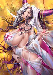 Rule 34 | 1girl, black hair, blood, bow, breasts, chest tattoo, cleavage, clothing cutout, facial mark, fate/extra, fate/extra ccc, fate/grand order, fate (series), forehead mark, from side, highres, horns, huge breasts, navel cutout, sessyoin kiara, solo, tattoo, tenobe, thighs, veil, wavy hair, yellow background, yellow eyes